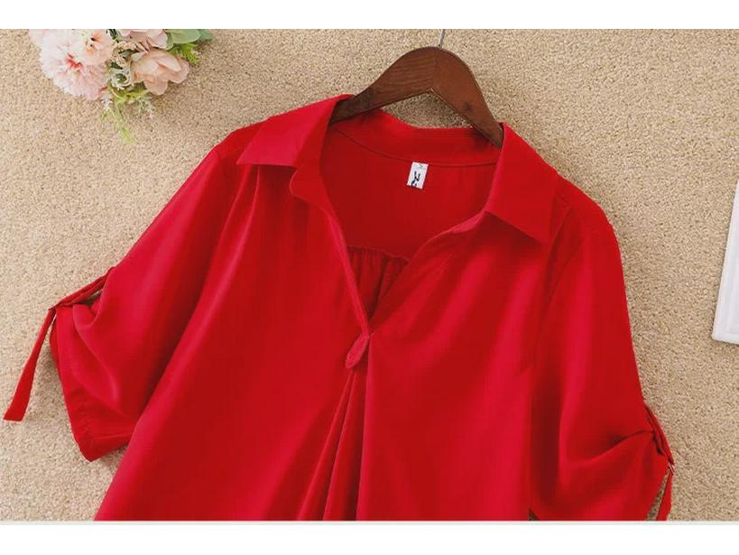 Женское лето 2023 г.: Свободная рубашка из шифона с зауженной талией, средней длины с короткими рукавами, модный большой размер.