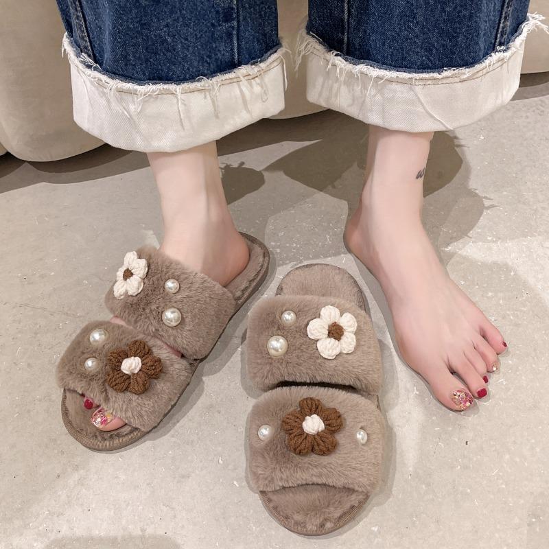 Мода 2024 Зима Новые женские домашние однотонные цветочные жемчужные пушистые хлопковые тапочки