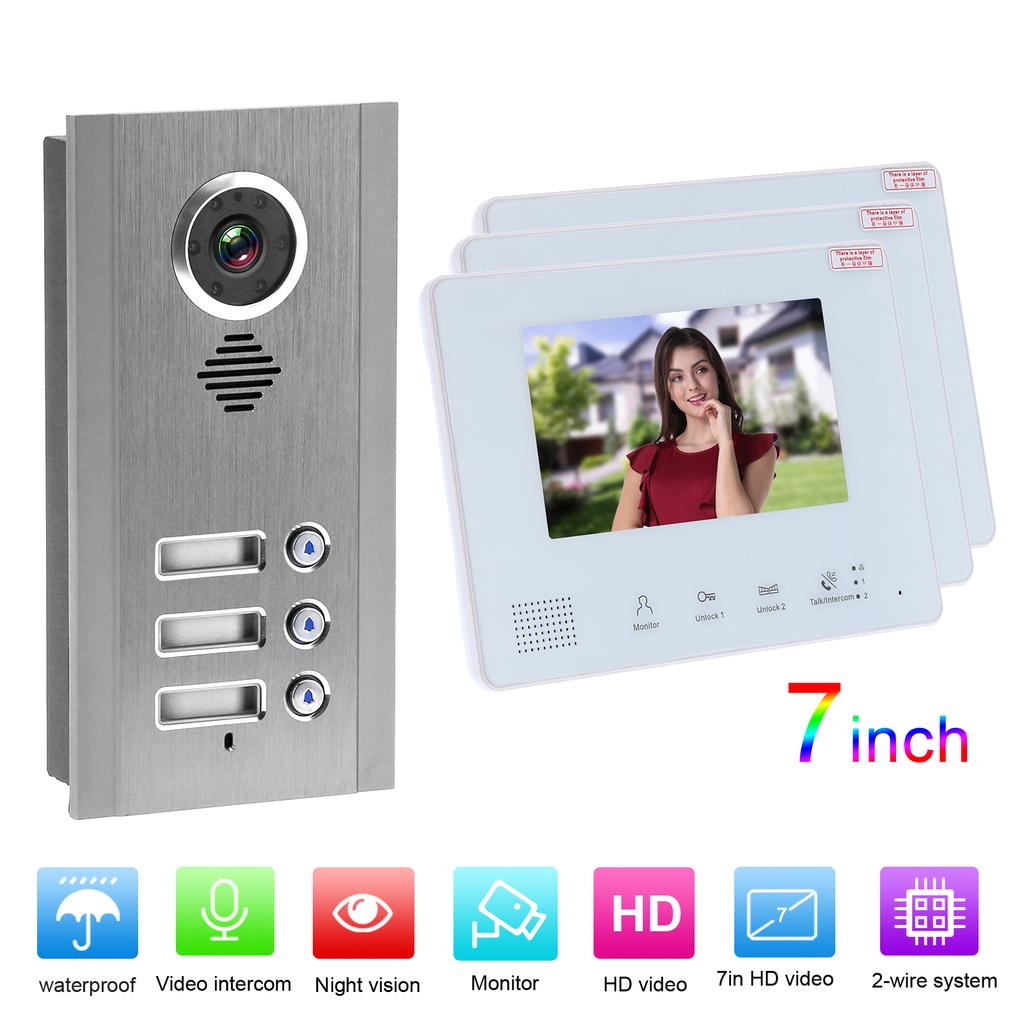 Visual Intercom Doorbell 7in TFT LCD 2 Wire Night Vision Security Door Phone 1 Camera 3 Displays