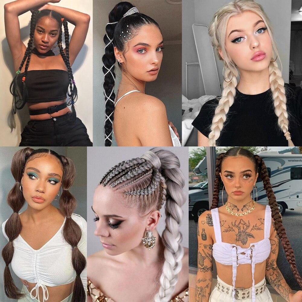 MISS WIG Ponytail Extensions Synthetic Boxing Braids Wrap Around Tail with Rubber Band Hair Ring 26 Inch DIY Brown Ombre Braid