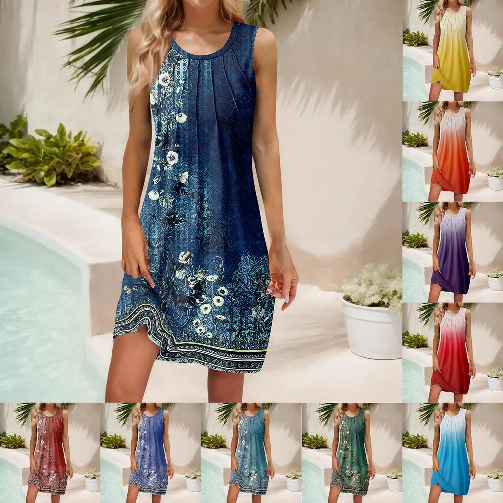 Women's Summer Casual U Neck Printed Sleeveless Dresses