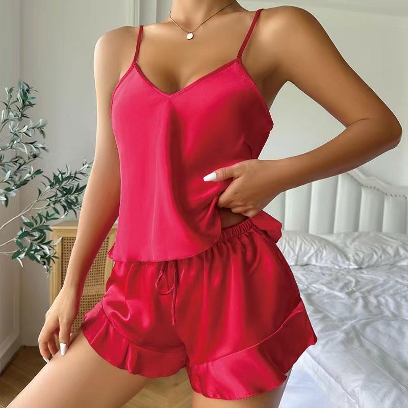 Летняя ночная рубашка из искусственного шелка, женская сексуальная шелковая атласная пижама с оборками, шорты для сна, домашний костюм
