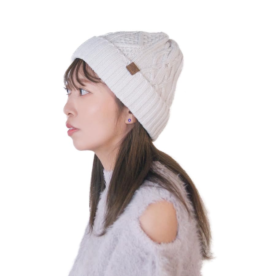 Шапка-боа с подкладкой из косичной вязки [polcadot] (JP, алфавит, M, L, слоновая кость)