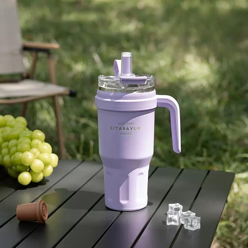 JUSTINLAU 1.1L Thermos Cup Stainless Steel Vacuum Flasks with Dust-proof Straw Cap Double-drink Car Cups Leak-proof Travel Mugs