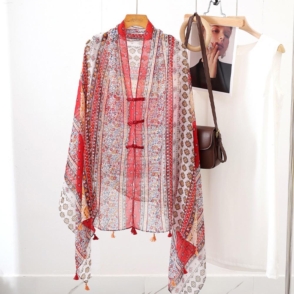 Paisley Sunscreen Scarf Shawl Knot Button National Style Cloak Elegant Cardigan Cape  Beachside