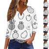 Women's Fashion Casual Fruit Print V-Neck Decorative Button Three-quarter Sleeve T-Shirt Top