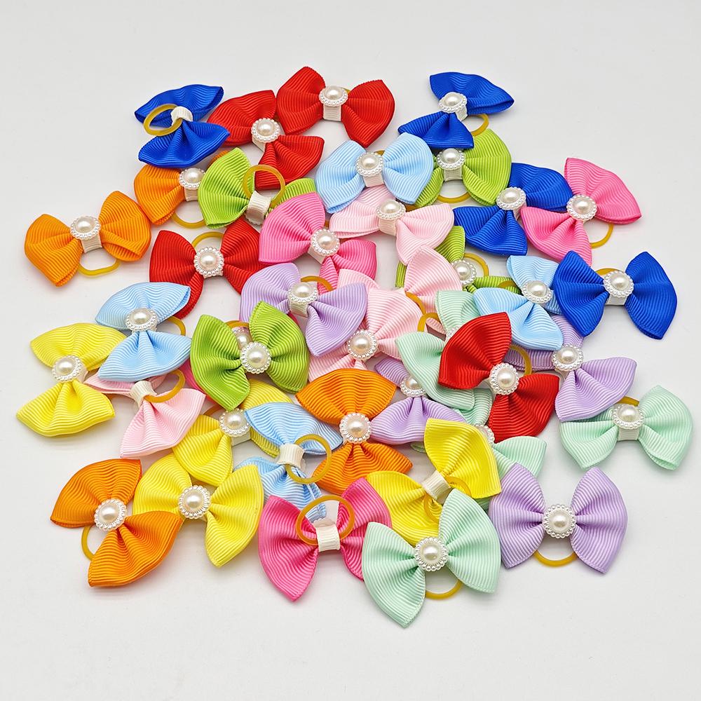 100 Pieces Cute Printing Pet Hair Bows Dog Hair Accessories Handmade Hair Clips With Elastic Rubber Band Dog Cat Christmas Gifts