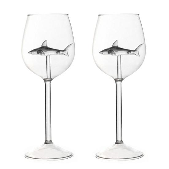 Набор винных бокалов "Акула" Ручная выдувка Бессвинцовое стекло Кубок с 3D-акулой внутри 300 мл Креативная тематика "Акула" Барная посуда Подарок для мужчин Женщин Любителей акул