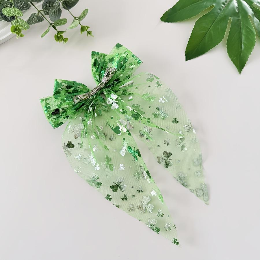 2pcs Elegant Sweet Shamrock Print Mesh Bow Spring Clip Hair Clips | Fabric Bow Tie Design, Ideal for Photography, St. Patrick'S Day