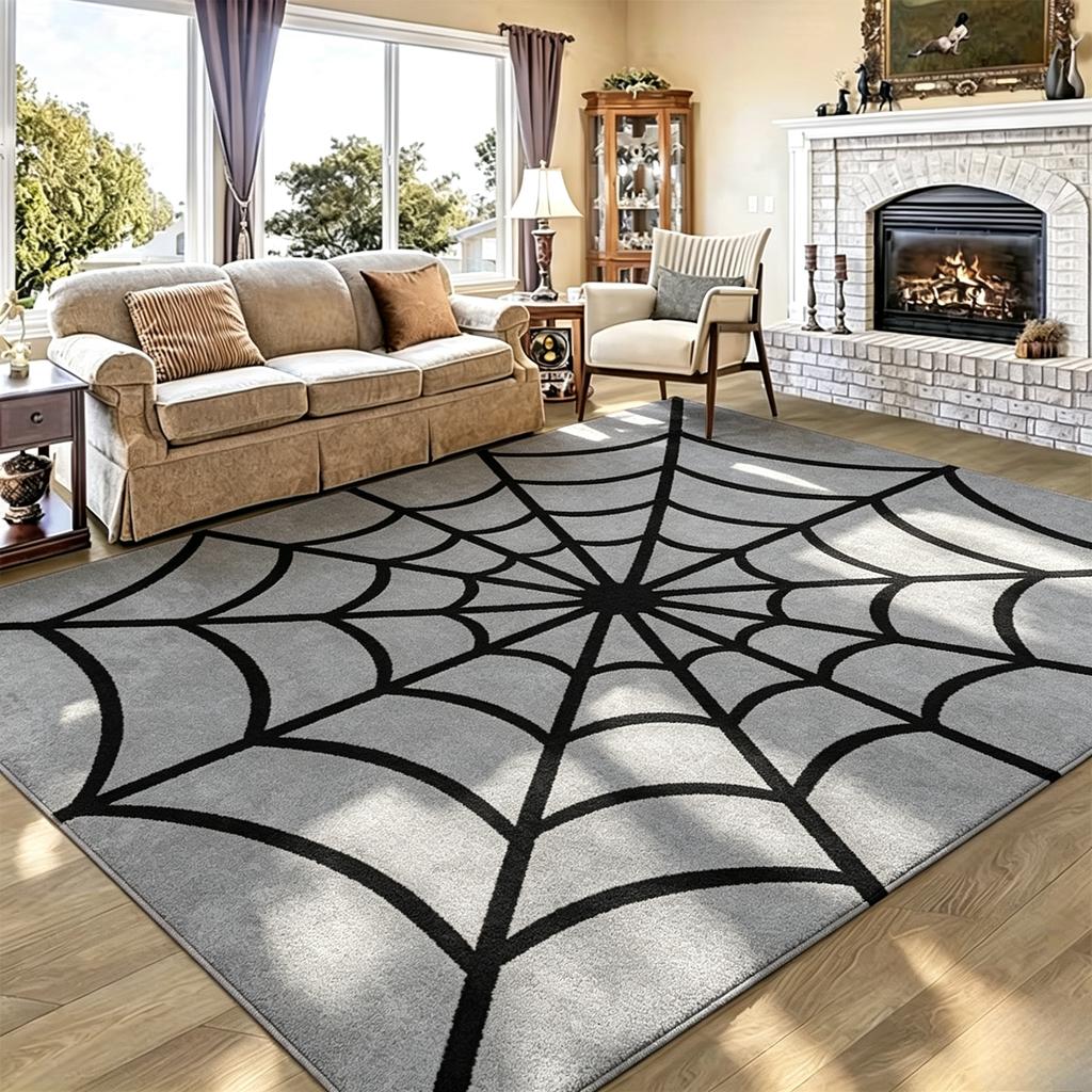 Spider Web Printed Decorative Rug Modern Gothic Cobweb Graphic Pattern Floor Carpet for Indoor Living Space Bedroom Game Room