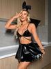 Sexy Cosplay Lingerie 3 Pieces Set Shiny Metallic Metal Chain Bandage Bra Top Elastic Waist Pleated Mini Skirt with Headband