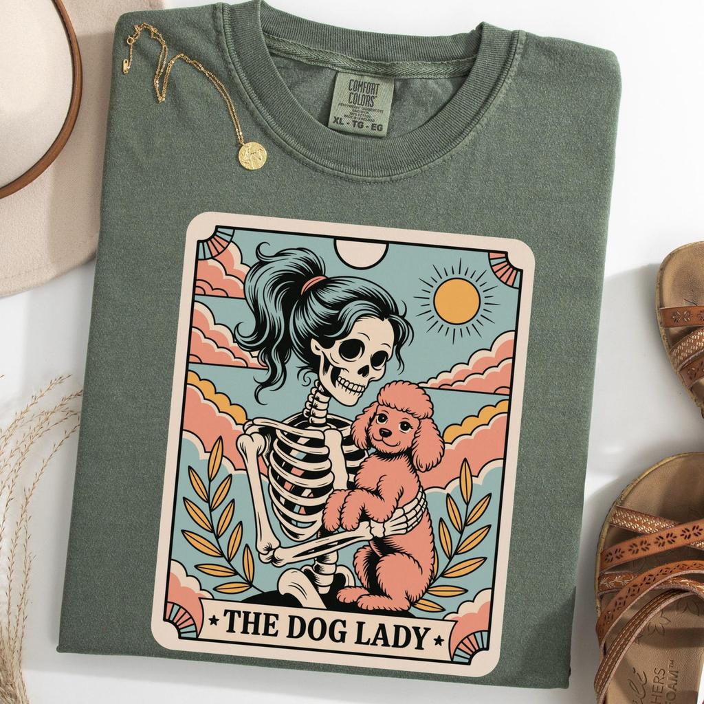 Skeleton Dog Mom Womens Shirt, Poodle Tarot Card Shirt, The Dog Lady Tee, Gothic Dog Lover T-Shirt, Halloween Poodle Mom Shirt