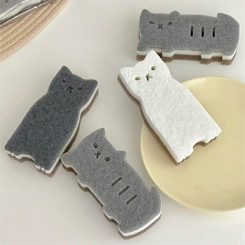 4PCS Cute Cats Shape Sponge Scrubber Thickened Reusable Design Not Abrasive Cleaning Tool for Dishes Utensils Surfaces