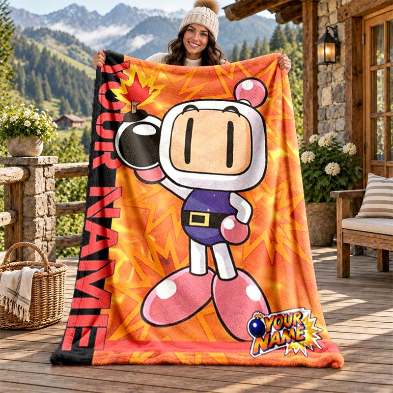 Bomberman Custom Name Flannel Blanket Personalized Soft Warm Plush Throw Blanket Customized Gift for Family Friends