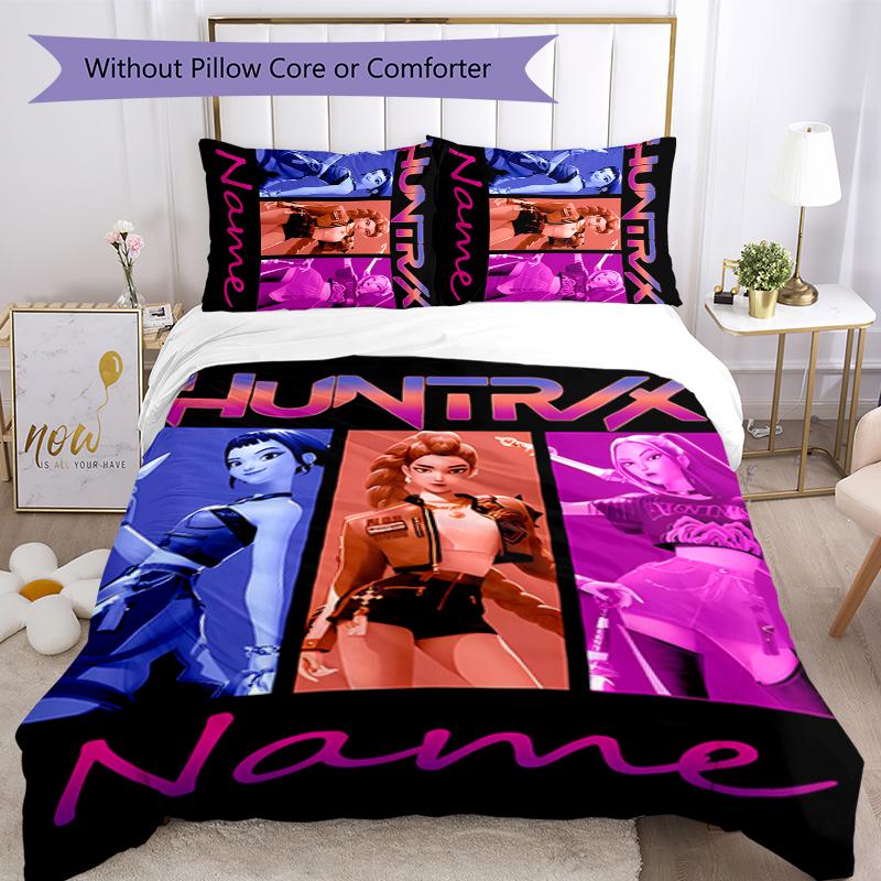 3pcs Custom Name Cartoon Kpop Demon Hunters Bedding Set Duvet Cover Closure Includes 1 Duvet Cover & 2 Pillowcases for All Seasons Bedroom Decor