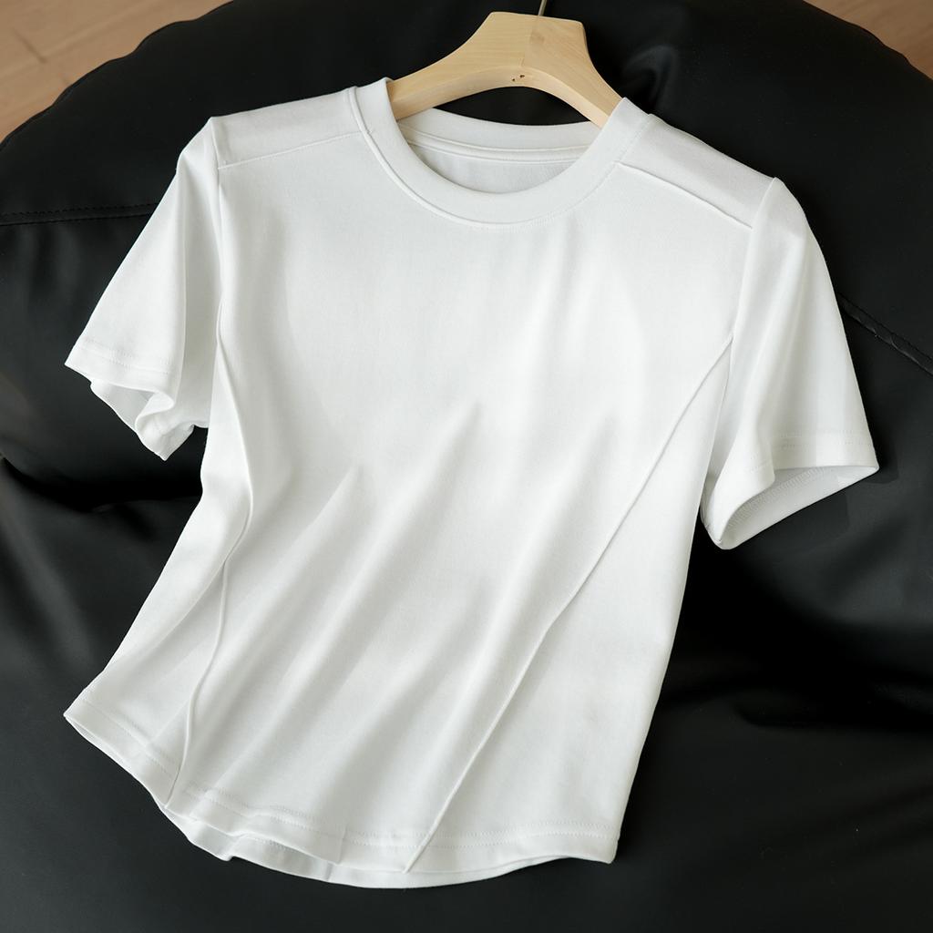 Three-dimensional Line Design Sense of High Elastic Thread Cotton T-shirt Women's New Summer Round Neck Short-sleeved Top