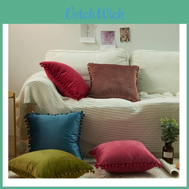 Contemporary Chic Dutch Velvet Pillow Cover With Large Pom-pom Detail No Insert