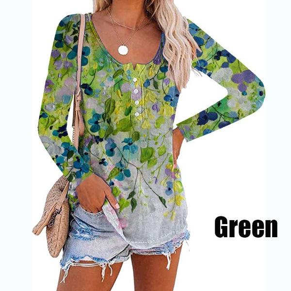 Модные женские повседневные топы, весенняя нижняя рубашка с длинным рукавом, принтованная круглая горловина, пуловер на пуговицах, футболка, топ, элегантная женская одежда