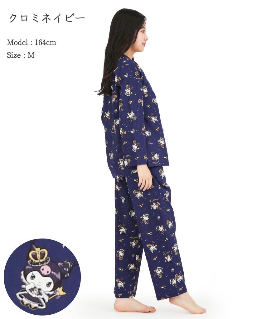SAZAC Kuromi Shirt Pajamas, 100% Cotton Broadcloth, Women's Long Sleeve and Pants Set, Loungewear (Navy/M/SAN1902)