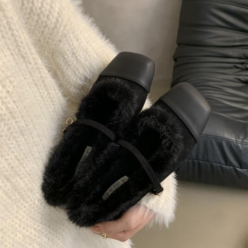 Модные меховые туфли женские 2024 осень-зима цветные цепочные утепляющие модные неглубокие туфли-лодочки туфли Мэри Джейн с пряжкой в одну линию