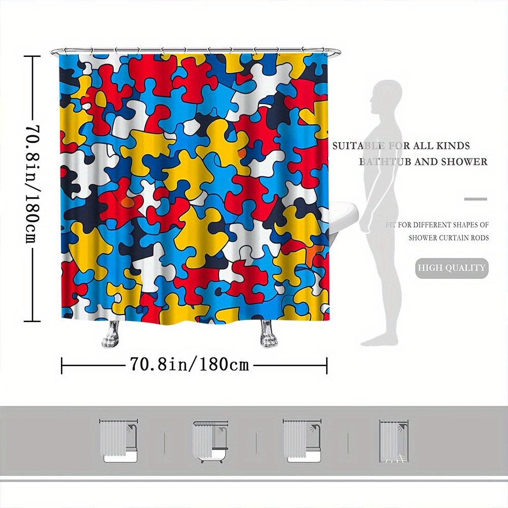 Colorful Jigsaw Puzzle Shower Curtain – Vibrant Playful Bath Decor Red Yellow Blue Black 70x70in Includes Hooks