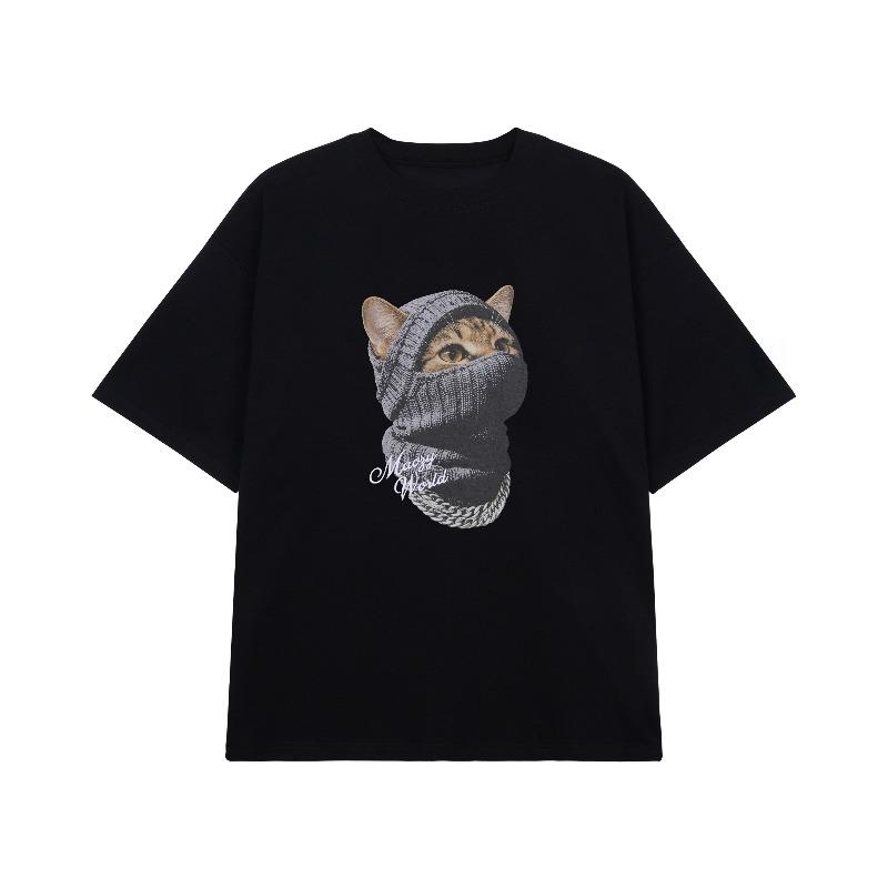 Face Mask Kitten Print Unisexs and Unisexs Tshirt American Personality Round Neck Short Sleeve Summer Couple Top All Match