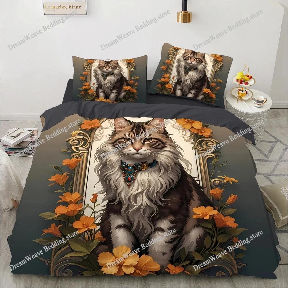 Комплект постельного белья для кошек King Size – Комплект пододеяльника с 3D-печатью Постельное белье Queen Роскошные спальни и подарки (Кошка, цветы, луна) Подарок класса люкс 9