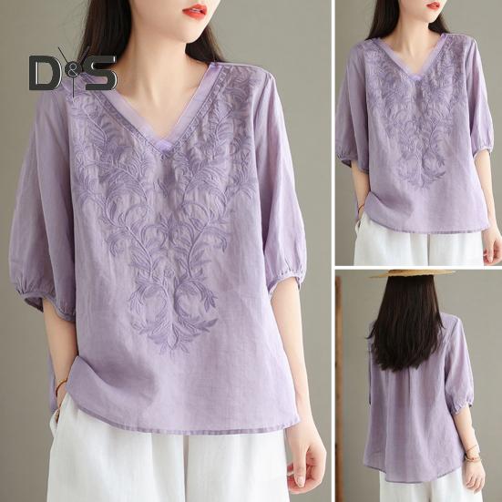 Women Summer Tops V-neck Half Sleeve Embroidery Pattern Pullover Tops Solid Color Loose Fit Commuting Style Tops