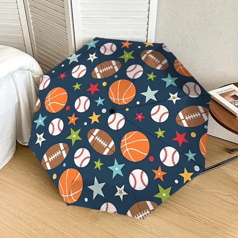 Sports Ball & Star Pattern Automatic Opening/Closing Umbrella - Portable Tri-Fold Design, 8-Rib Iron Frame Outdoor Umbrella, Ideal Gift for