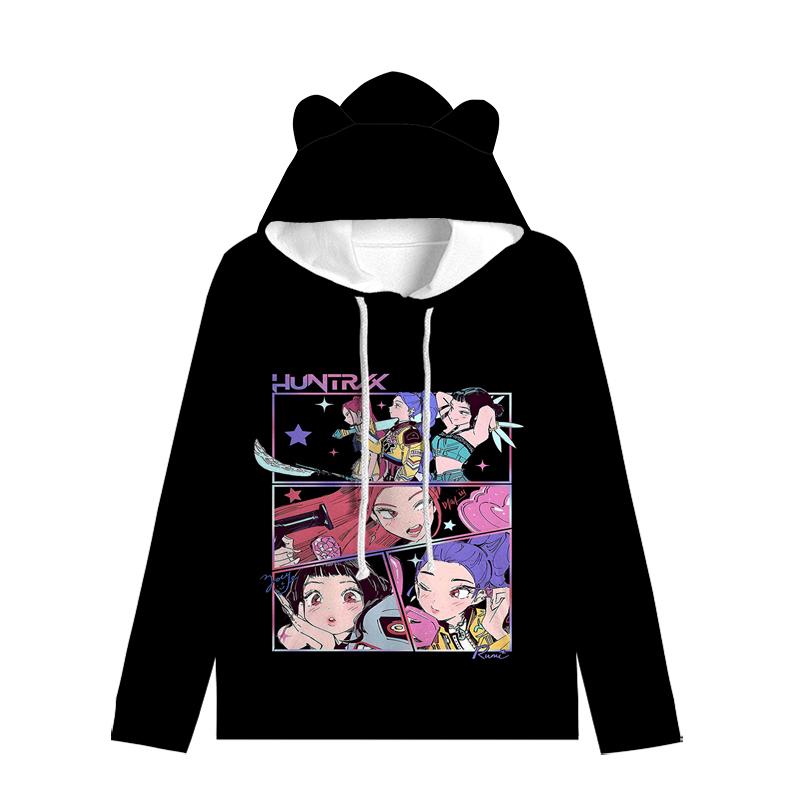 Huntrix Девушка Толстовка с капюшоном с кошачьими ушками Мультяшная K-pop Охотники на демонов На шнурке Толстый Пуловер Зои Руми Мира Средней длины Теплая Толстовка