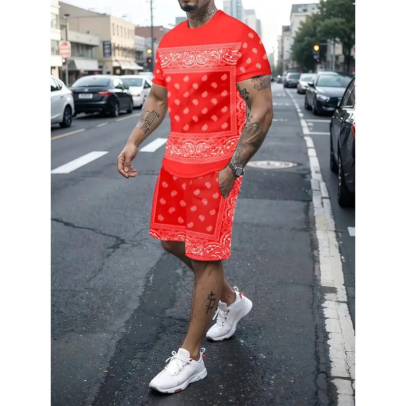 Men's Suit Casual Simple Pattern Printing T-shirt Hawaiian Casual Vacation T-shirt Two Piece Quick Drying Short Sleeved Men Set