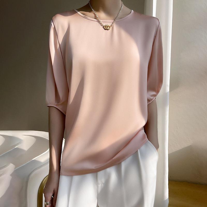 Breathable Silk Women's Round Neck Loose Solid Color Acetate Satin T-Shirt (2024 Spring/Summer Collection)