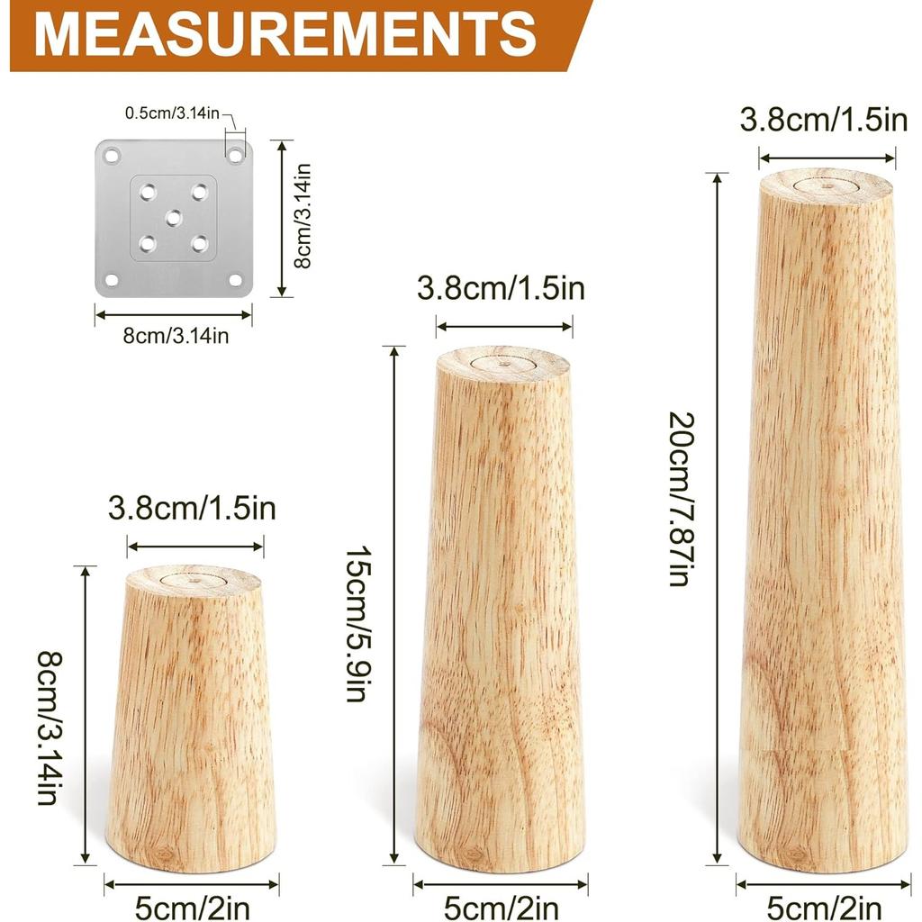 Pack of 4 Wooden Furniture Feet, Sofa Feet, 15 Cm Conical Replacement Table Legs, Furniture Legs with Mounting Plates & Screws for Sofa, Cabinet
