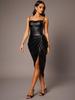 2025 Chic European & American PU Leather Spaghetti Strap Ruched Waist Slit Dress