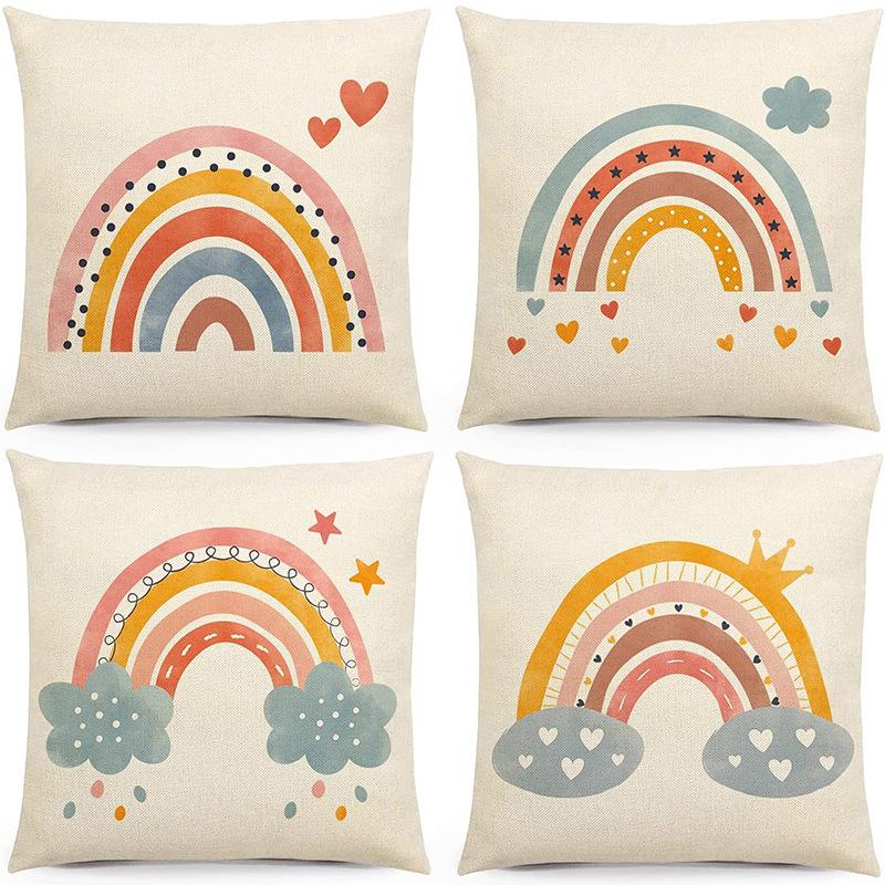 Modern Minimalist INS Rainbow Pillowcase Fresh Printed Linen Cushion Pillowcase Living Room Sofa