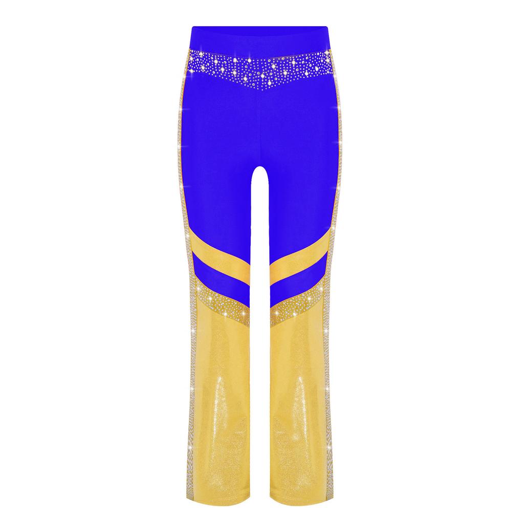 Girls Shiny Rhinestone Flared Pants Elastic Waistband Color Block Bell Bottom Gymnastics Costume