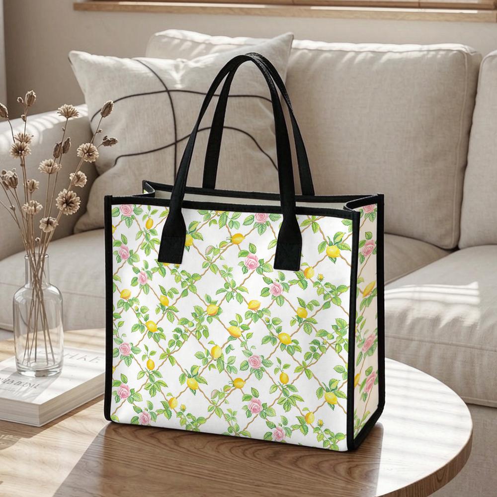 Cute Floral Lemon Printed Casual Tote Bag for Daily Shopping Outdoor Commute Large Capacity Handbag