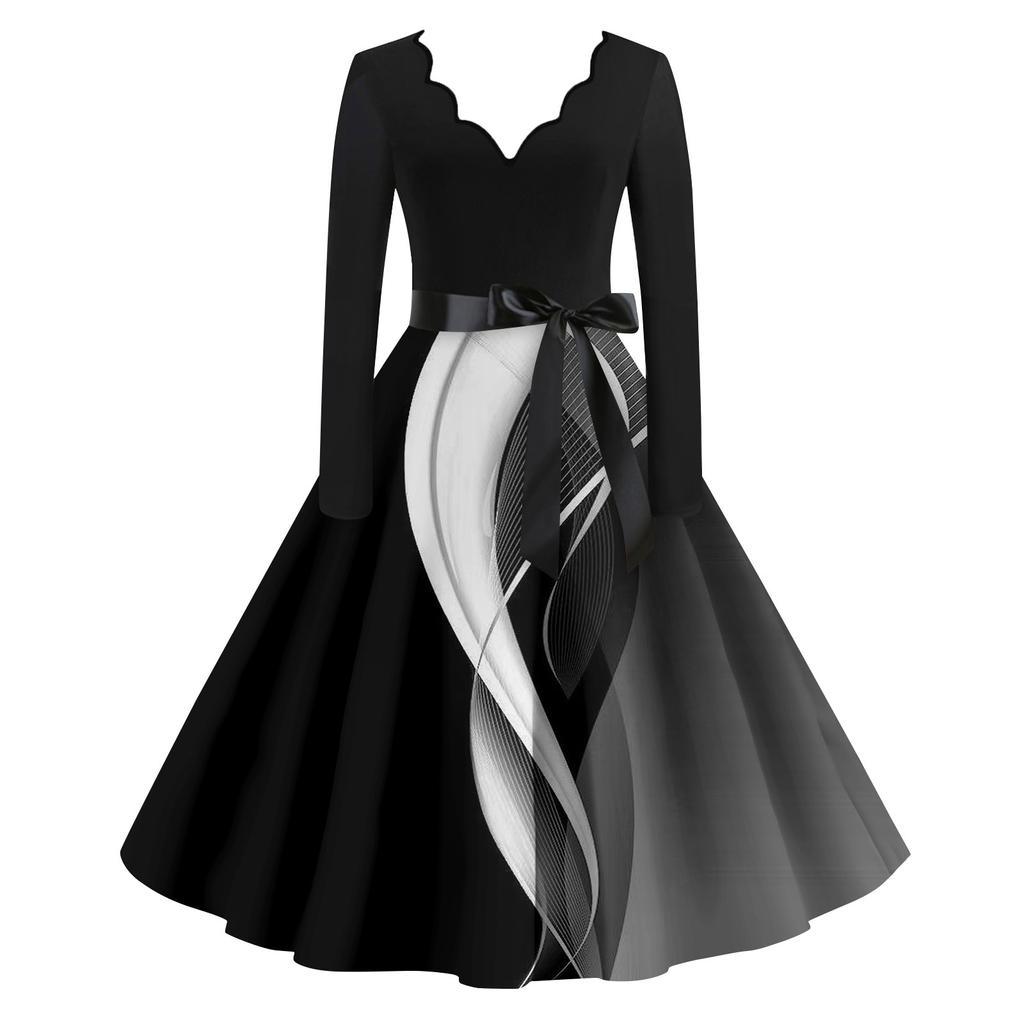 Женские повседневные модные длинные платья с длинным рукавом в стиле ретро с графическим принтом в винтажном стиле на осень