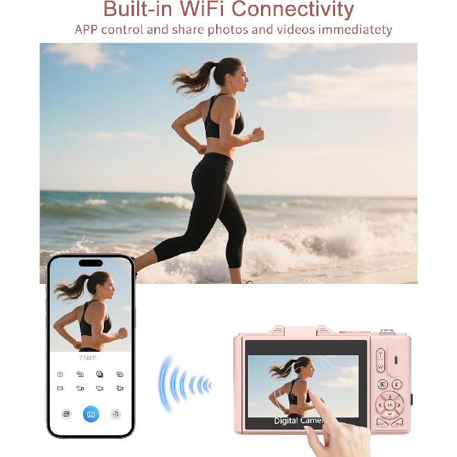 FLATIC Цифровая камера, 5K 75 МП Камеры для Фотосъемки с WiFi и картой памяти 64 ГБ, Автофокус Камера для Влогинга на YouTube с поворотным экраном 180°,