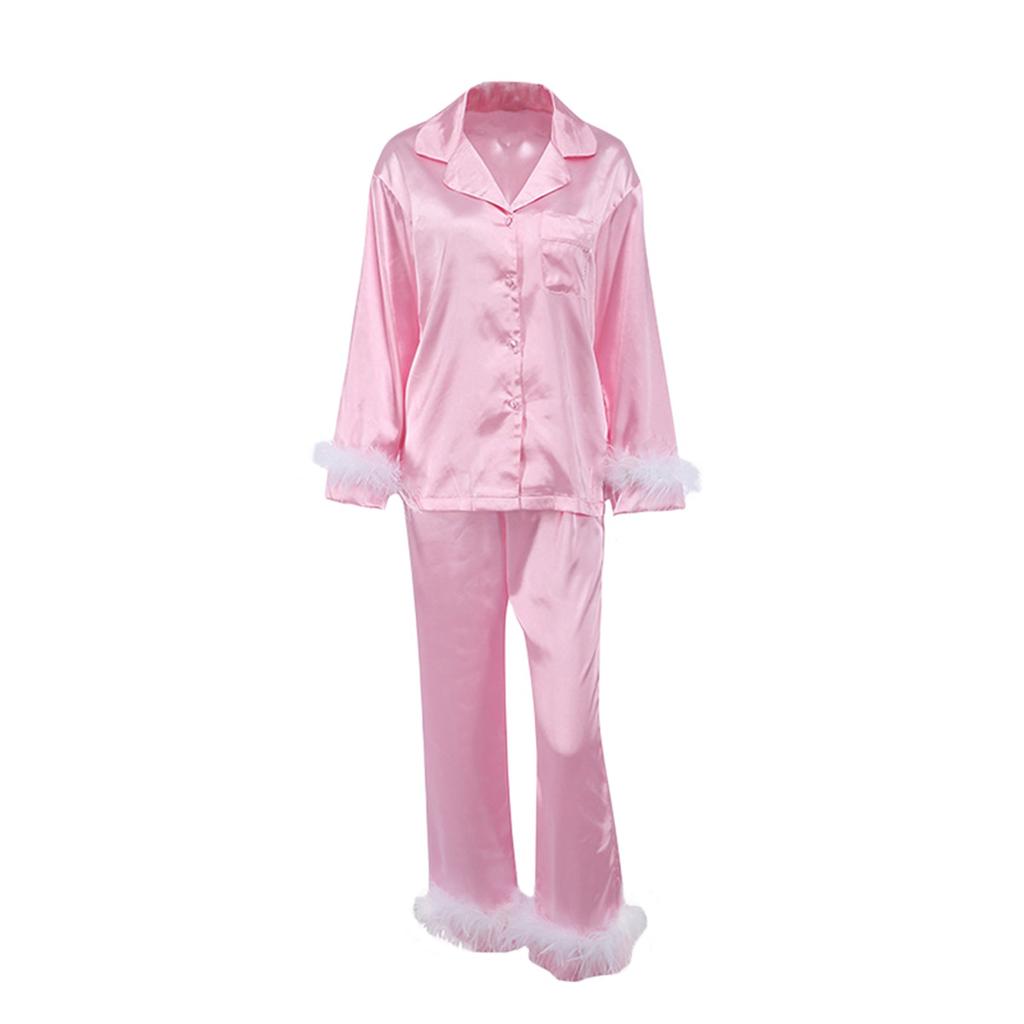 Women's Sleepwear, Feather Decoration Long Sleeve Button-Down Lapel Collar Tops + Pants Pajamas Set