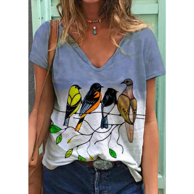 Летний топ с V-образным вырезом и 3D-принтом птицы, модная повседневная женская футболка с коротким рукавом