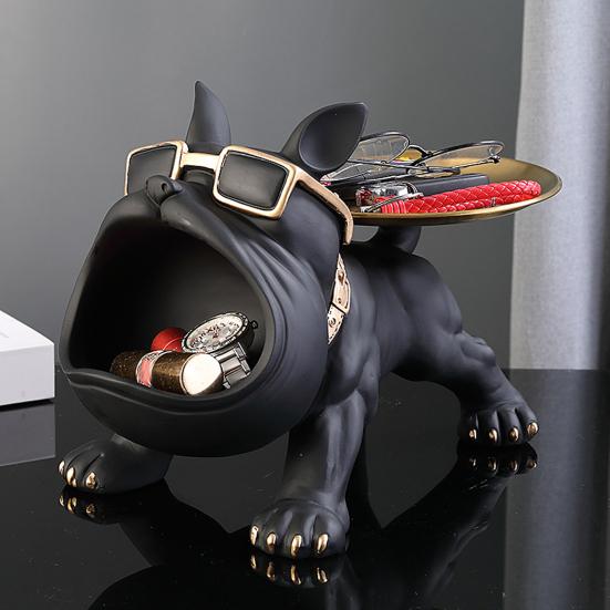French Bulldog Figurine Key Storage Tray Big Mouth Sunglasses Dog Resin Statue Jewelry Trinket Keys Container Box Animal Desktop Decoration Ornament