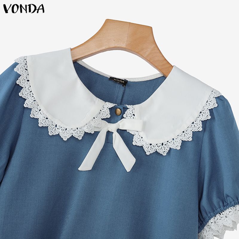 VONDA Элегантная женская блузка с отложным воротником, кружевной отделкой по подолу и бантом, повседневная, с коротким рукавом