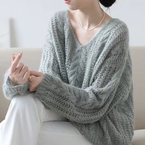 Большой французский ленивый мохеровый свитер для женщин, весенний нежный темперамент, V-образный вырез, ажурный трикотажный свитер сверху