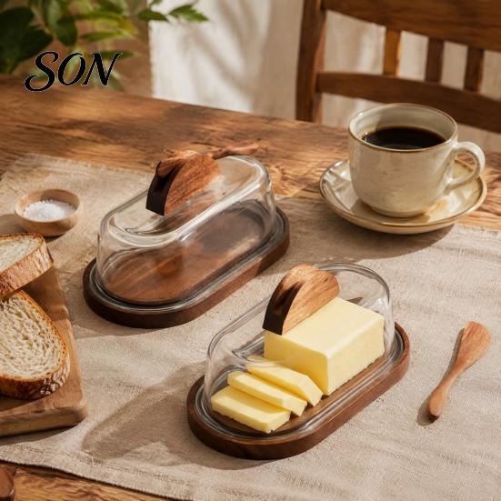 Rectangular Butter Server with Lid Wooden Dish Glass And Knife, Holder for Kitchen Keeper Wood Base Countertop & Refrigerator, Tray, Container, Cheese