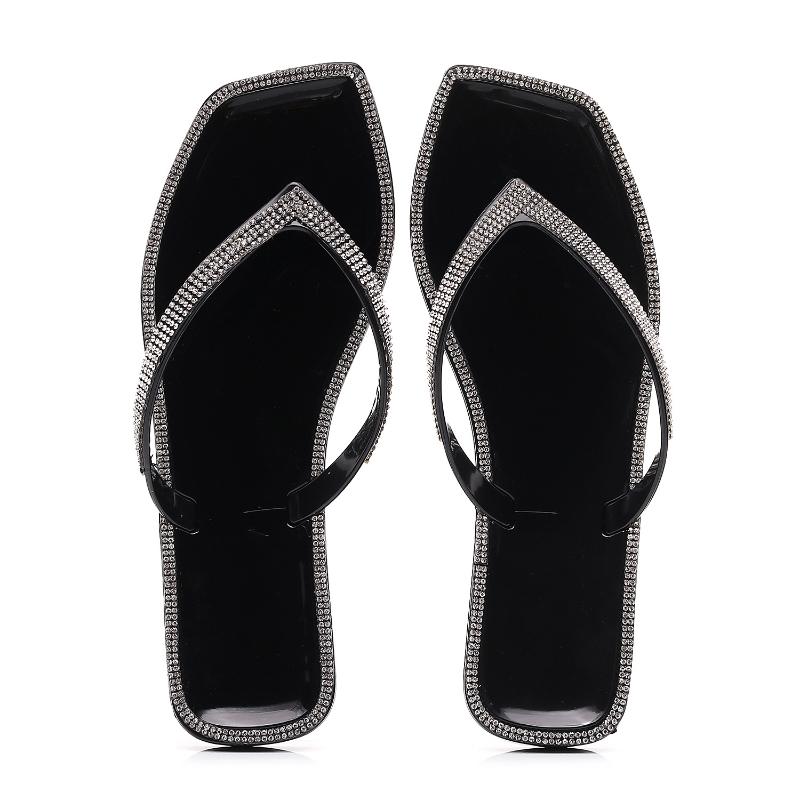 2024 New Square Toe Rhinestone Flip-flops Women's Slippers Fashion Flat Transparent Jelly Shoes Outdoor Casual Beach Slides