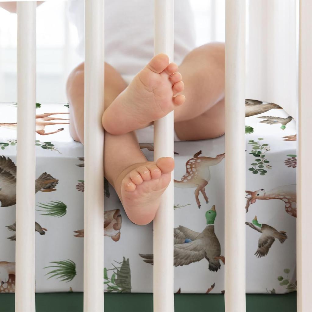 Woodland Wild Animals Hunting Crib Sheets for Girls and Boys 52"x28" Hunting Deer Duck Leaves Crib Mattress Sheet Soft Breathable Nursery Bed Sheet