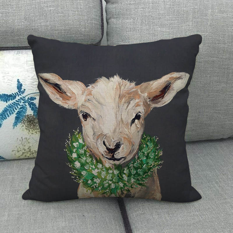 Oil Painting Of Animals - Pigs And Sheep Digital Printing Short Plush Pillow Covers For Car Sofa Office Cushion Cover Home Goods
