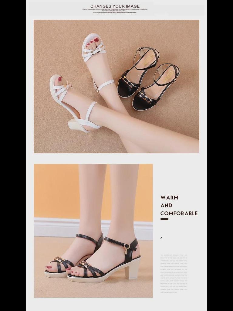 Женские босоножки на высоком каблуке 2021 года — корейский дизайн «рыбий рот» с универсальным римским толстым каблуком