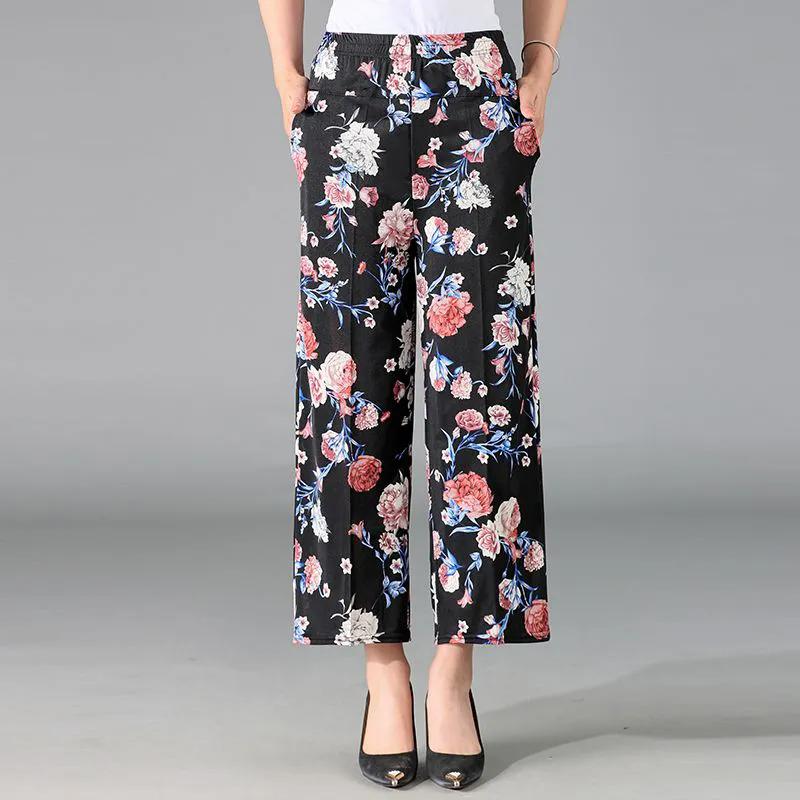 WTEMPO Женские брюки-клеш с широкими штанинами из шелка с принтом весна-лето, эластичные, с высокой талией, тонкие, свободные, укороченные брюки для мам